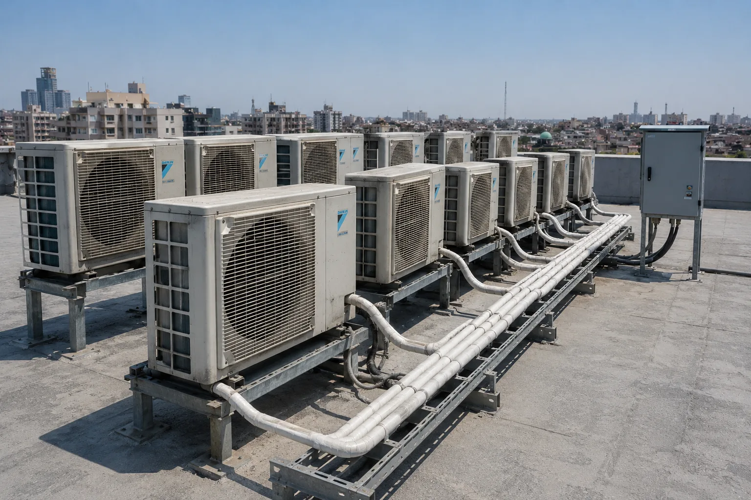 A bank of split-system condenser units on a commercial rooftop, pipework running between them
