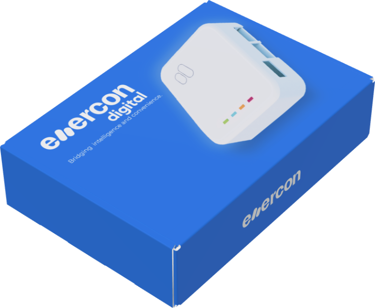 Enercon ACMC30 retail packaging in Enercon blue, carrying the wordmark and the line Bridging intelligence and convenience