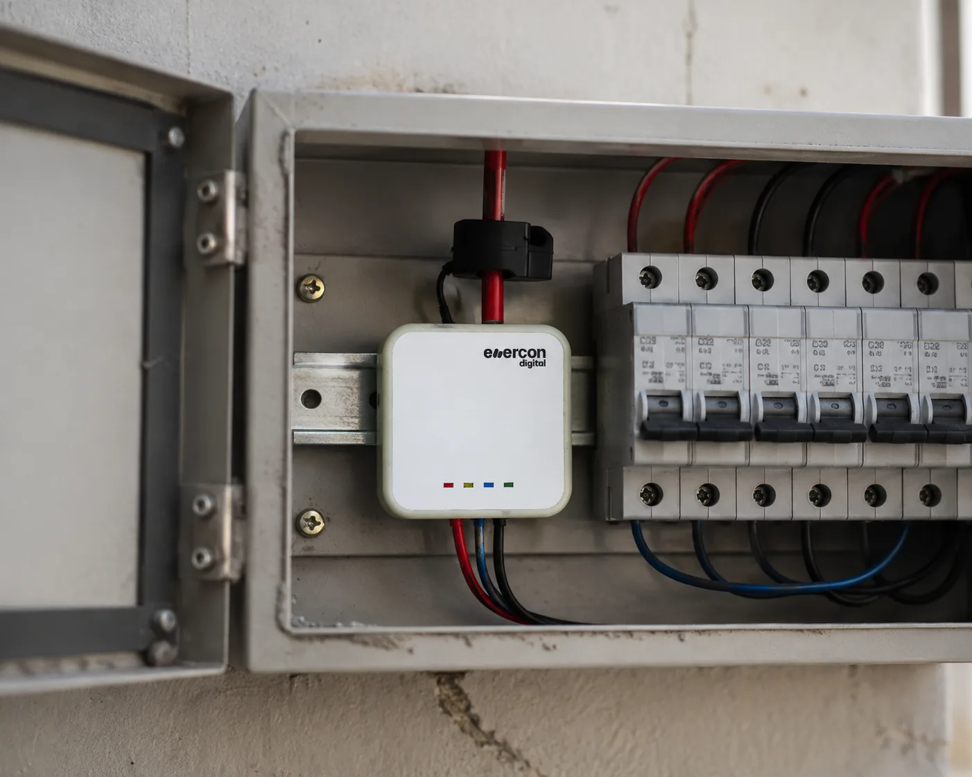 An ACMC30 mounted on the DIN rail of a distribution board, beside six MCBs, with a current transformer clamped to the incoming conductor