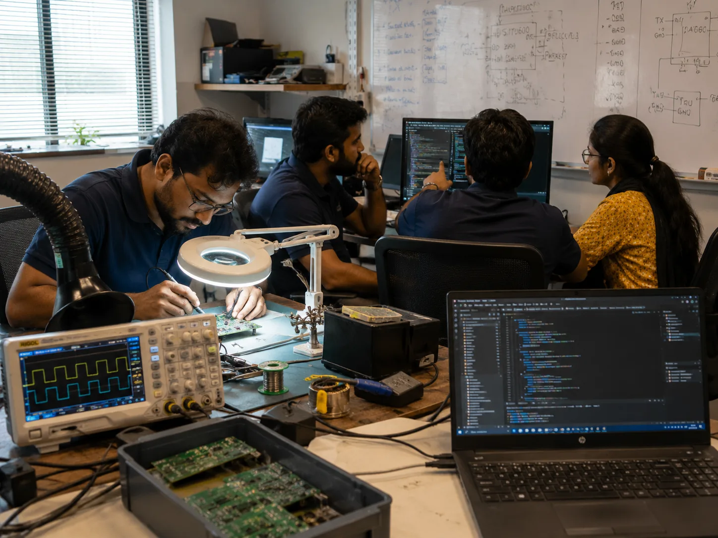 Four engineers at a bench in Lahore — one soldering a board under a magnifier, an oscilloscope showing a square wave, firmware open on the screens behind
