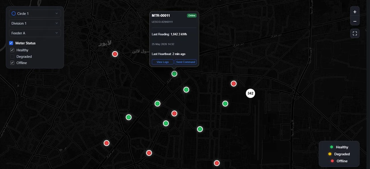 The MetersBoard GIS view — meters plotted across Lahore with health status, and a selected meter showing its last reading