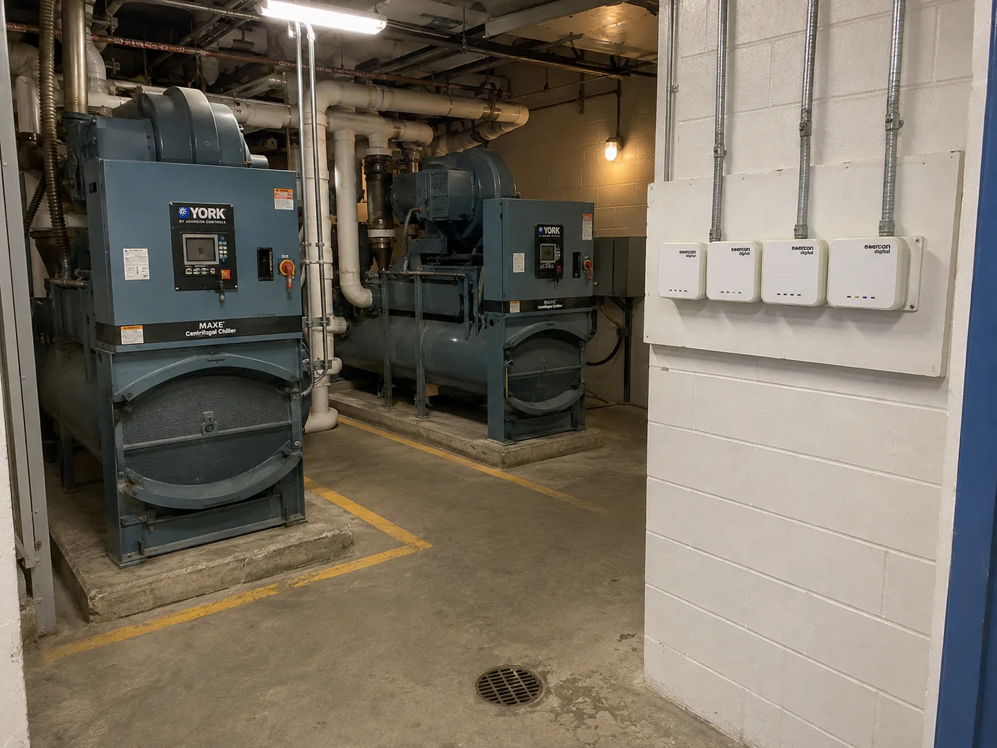 A plant room with two chillers and a row of wall-mounted distribution panels