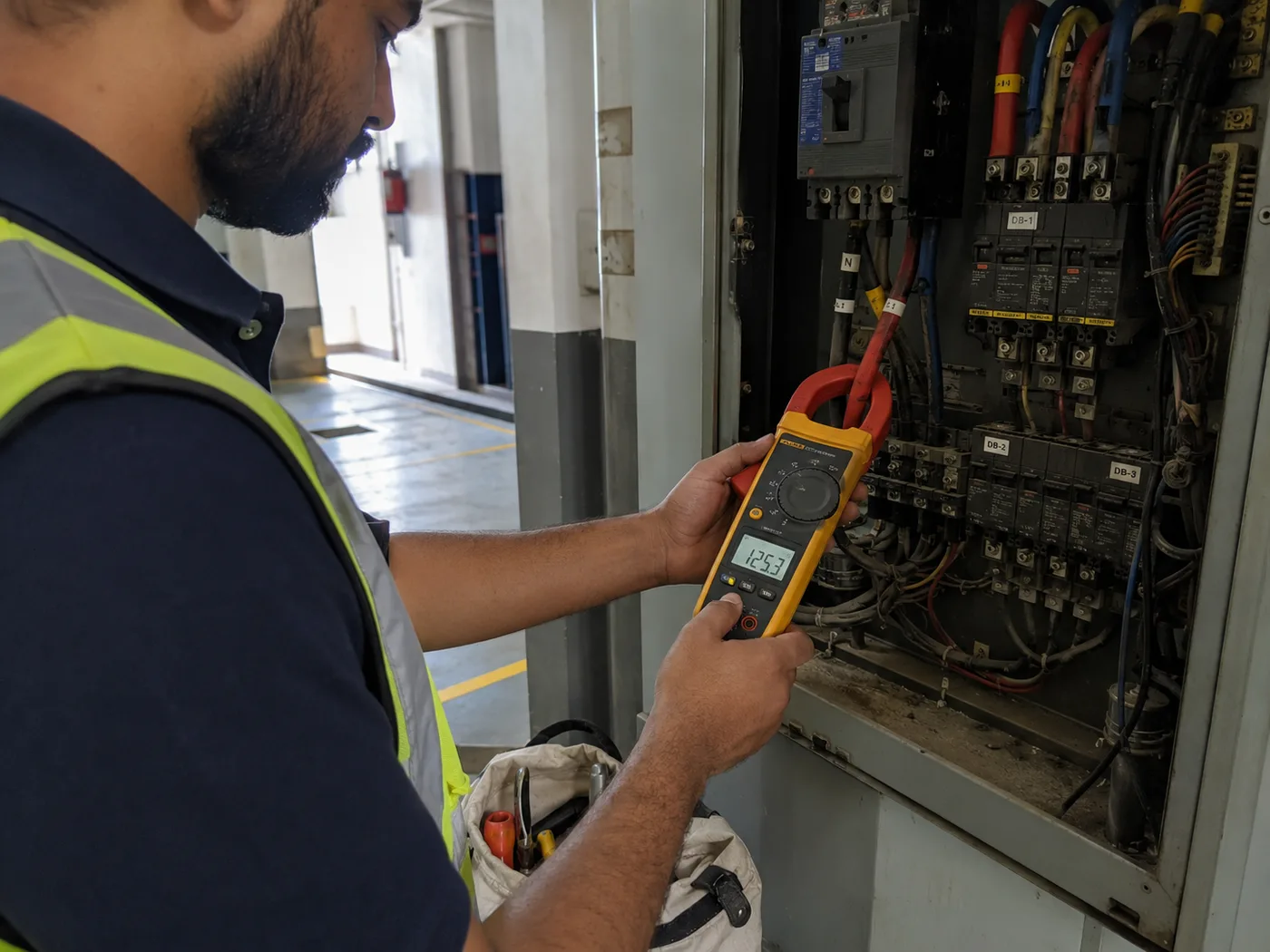 An engineer holding a clamp meter against the busbars of an open distribution board