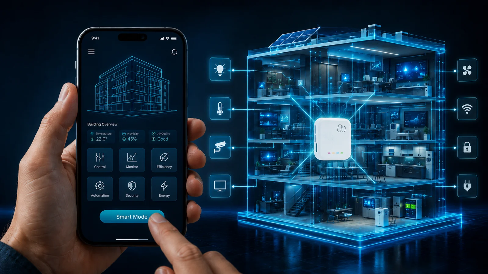 A commercial building instrumented floor by floor, with its controls on a phone