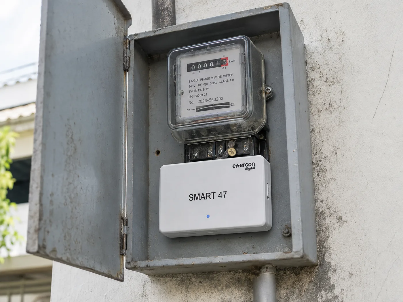 A Smart47 fitted to a meter inside a roadside service enclosure, the door open