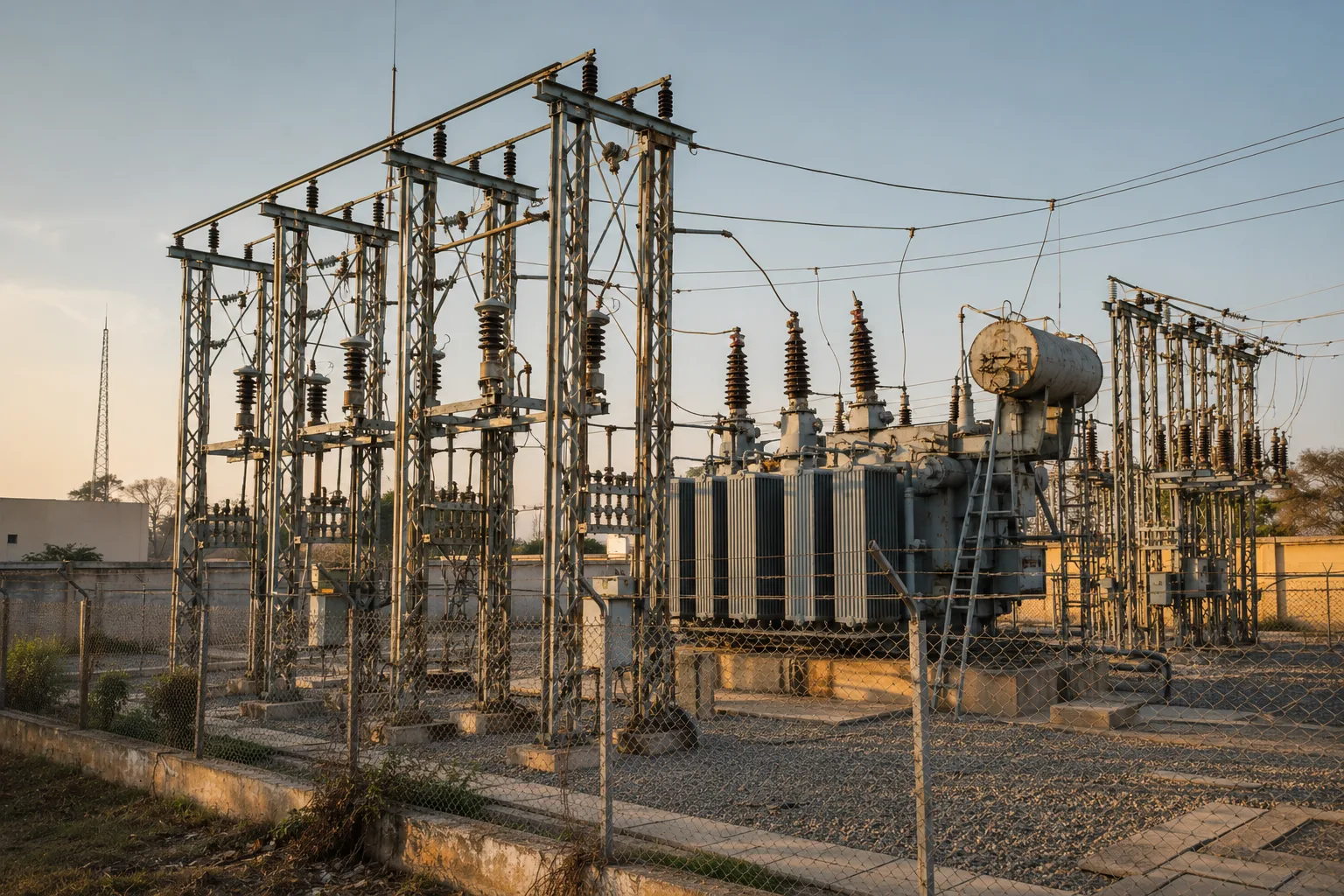 A distribution substation at dusk — transformers, gantries and insulators against the sky